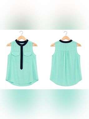 Women’s J.Crew Mint Green Sleeveless Blouse Navy Trim Button Front Top Size 0